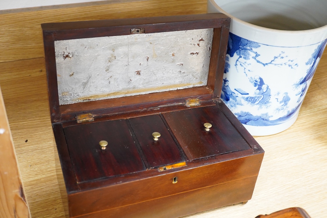 A Chinese padouk wood stand and a Victorian mahogany tea caddy, largest 36cm wide